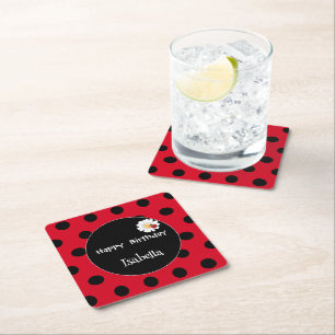 Cute Polka dot Ladybug Daisy Flower Birthday Party Square Paper Coaster