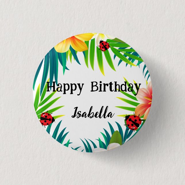 Cute Polka dot Ladybug Summer Flower palm Birthday 1 Inch Round Button (Front)