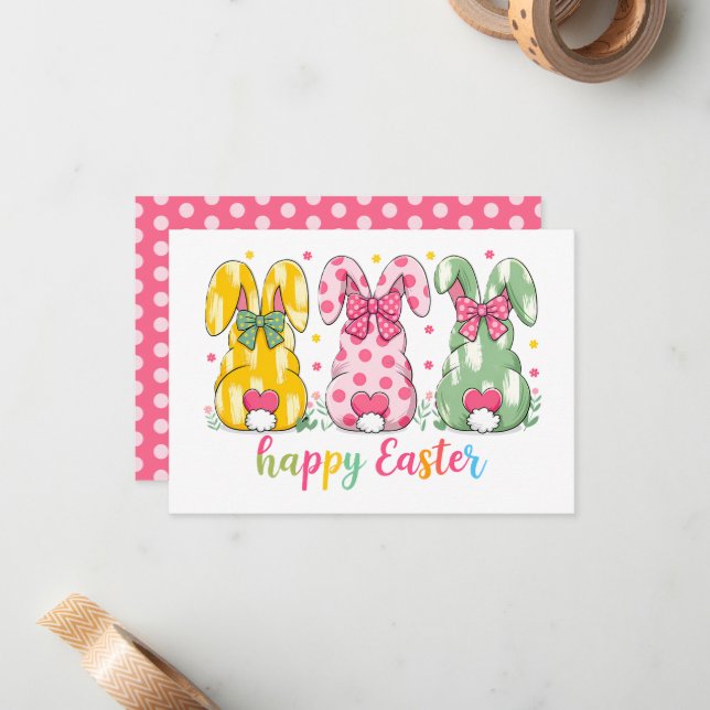 Cute Polka Dot Rabbits Easter Personalized  Card (Front/Back In Situ)