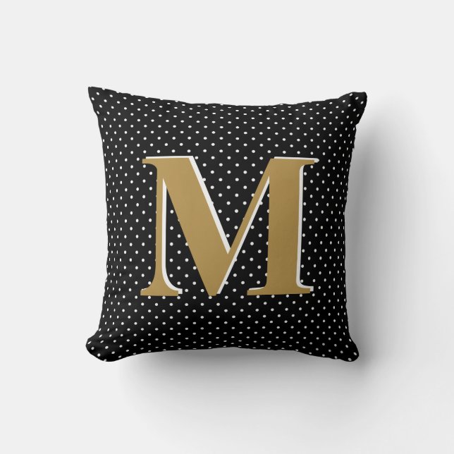 Cute Polka Dots, Black & Gold, add Initial Throw Pillow (Front)