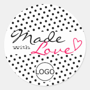 Cute Polka Dots Made with Love Heart Black White Classic Round Sticker