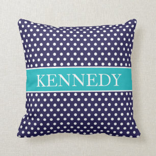 Cute Polka Dots Monogram   Navy Blue Turquoise Throw Pillow
