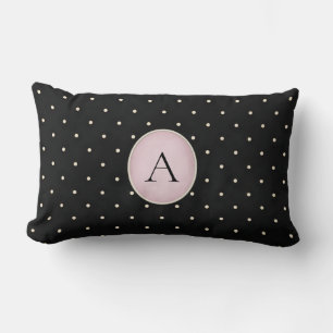 Cute Polka Dots (Pink) Monogrammed Black Lumbar Pillow