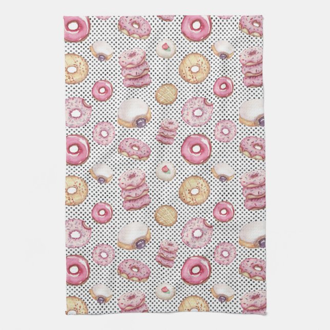 Cute Polka Doughnuts Pink Black White Dot Pattern Kitchen Towel (Vertical)