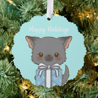 Cute Pomchi with a Present Aqua Happy Holiday  Ornament Card