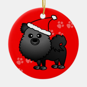Cute Pomeranian Cartoon Santa Hat - Black Ceramic Ornament