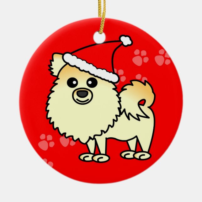 Cute Pomeranian Cartoon Santa Hat Ceramic Ornament (Front)