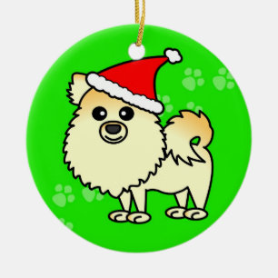 Cute Pomeranian Cartoon Santa Hat Ceramic Ornament