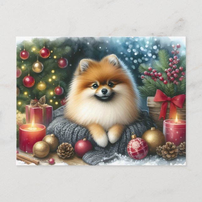 Cute Pomeranian Cozy Watercolor Winter Art Postcard (Front)