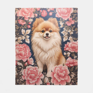 Cute Pomeranian Dog Pink Floral Fleece Blanket
