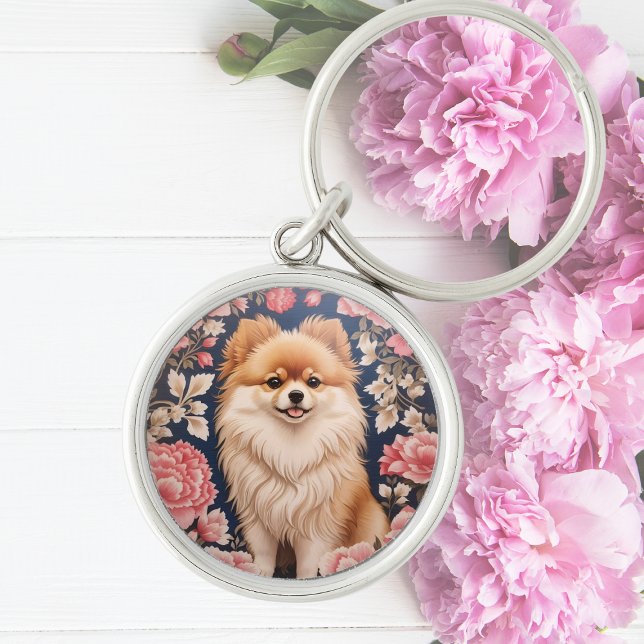 Cute Pomeranian Dog Pink Floral Keychain (Creator Uploaded)