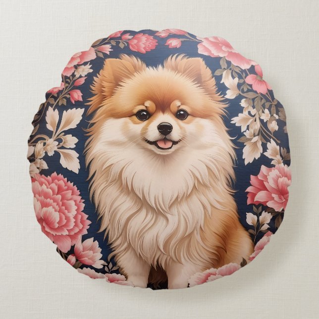 Cute Pomeranian Dog Pink Floral Round Pillow (Front)