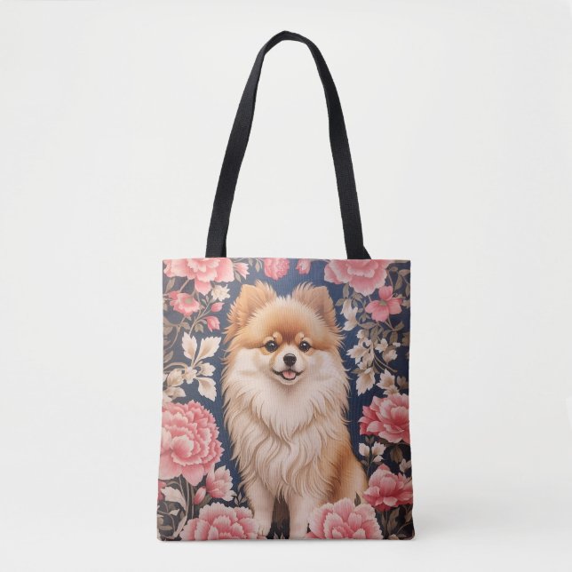 Cute Pomeranian Dog Pink Floral Tote Bag (Front)