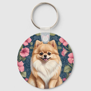 Cute Pomeranian Dog With Pink Petunias Keychain