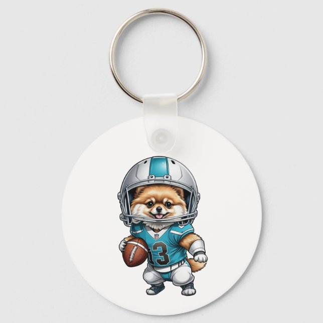 Cute Pomeranian Football Uniform Metal Keychain 2" (Front)