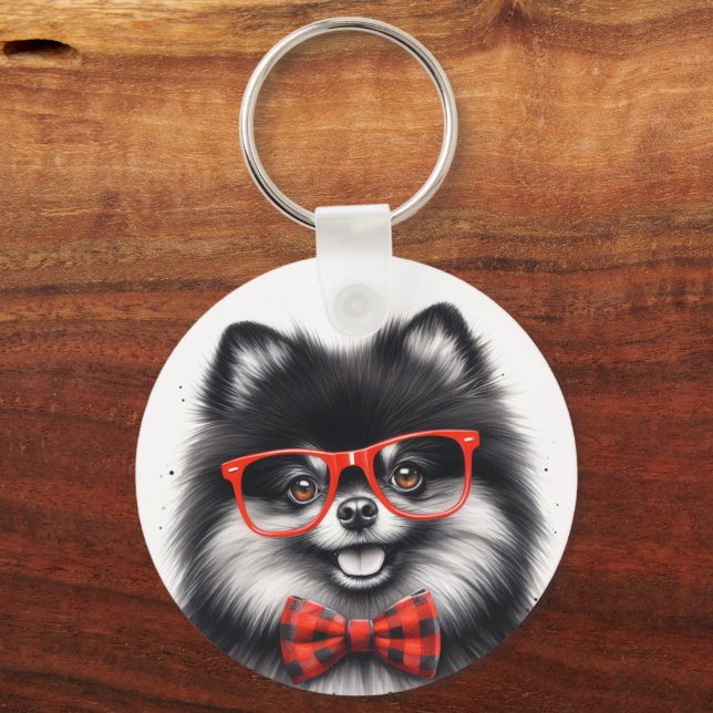 Cute Pomeranian Red Nerd Glasses Keychain (Front)