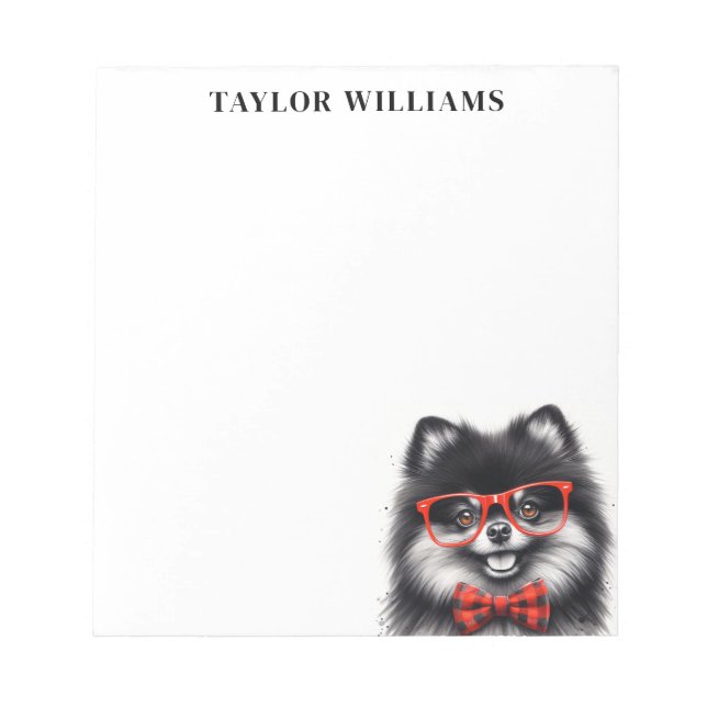 Cute Pomeranian Red Nerd Glasses Name Notepad (Front)