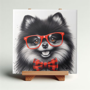 Cute Pomeranian Red Nerd Glasses Tile