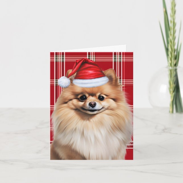 Cute Pomeranian Santa Dog Red White Plaid Holiday Card (Front)