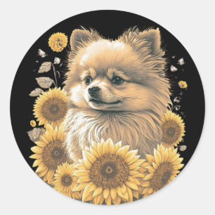 Cute Pomeranian Sunflower Lover Drawing Art Classic Round Sticker