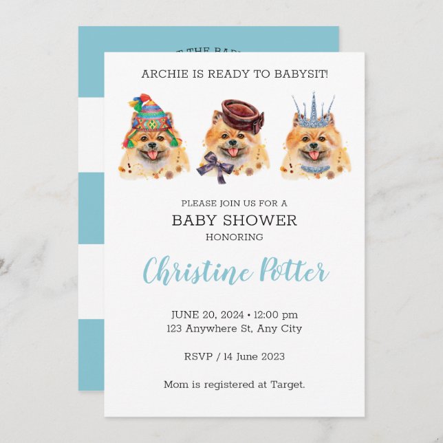 Cute Pomeranian thème Baby shower Invitation (Devant / Derrière)