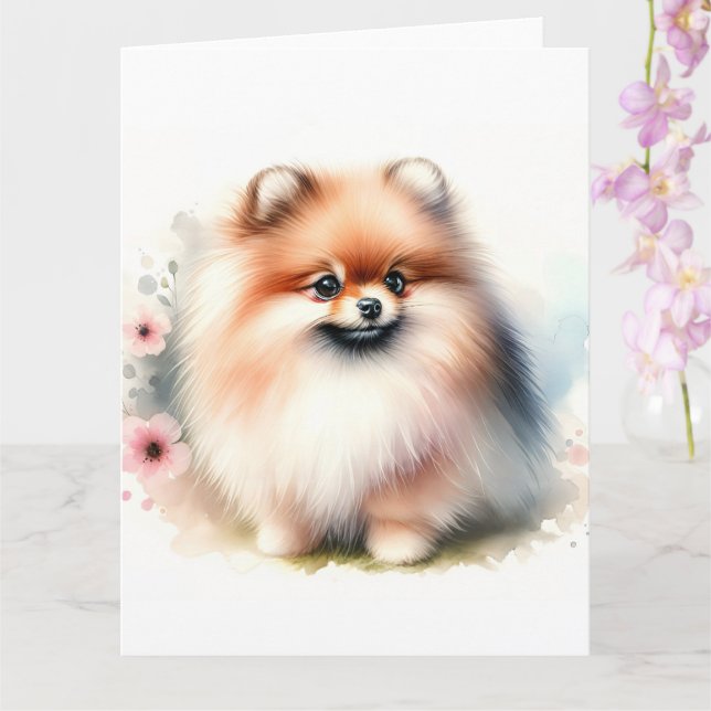 Cute Pomeranian watercolor illustration Card (Orchid)