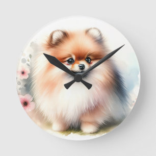Cute Pomeranian watercolor illustration Round Clock