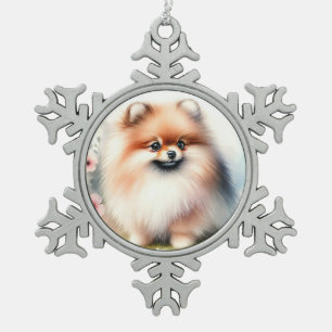 Cute Pomeranian watercolor illustration Snowflake Pewter Christmas Ornament