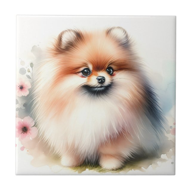 Cute Pomeranian watercolor illustration Tile (Front)