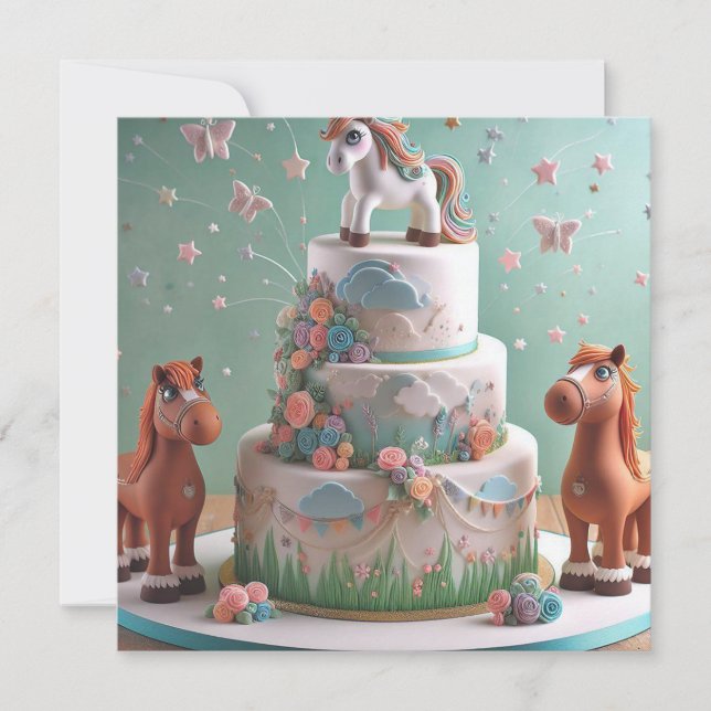CUTE PONIES THEMED BIRTHDAY CAKE  INVITATION (Front)