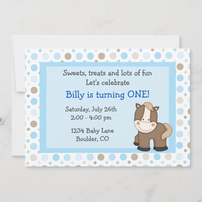 Cute Pony 1er Anniversaire Invitation pour garçons (Devant)