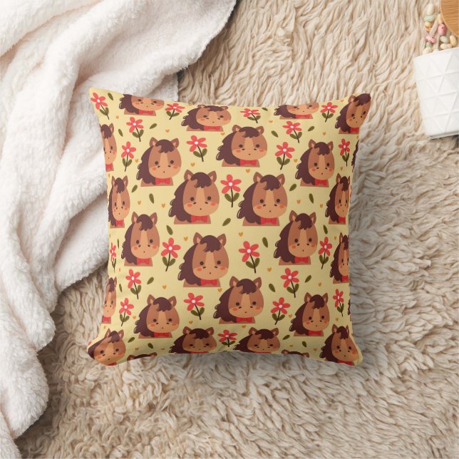 Cute Pony and Flowers Throw Pillow (Blanket)