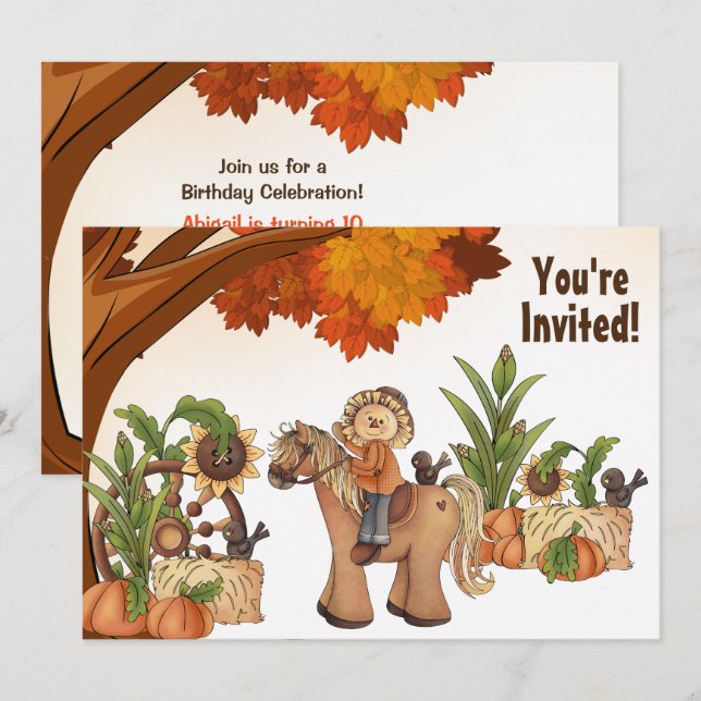 Cute Pony and Scarecrow Fall Horse Birthday Invitation (Front/Back)