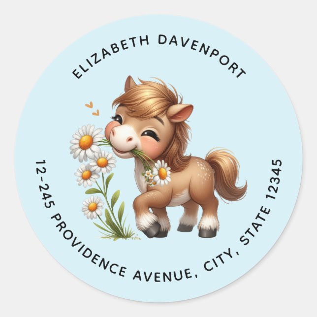 Cute Pony Eating Daisies Address Classic Round Sticker (Front)