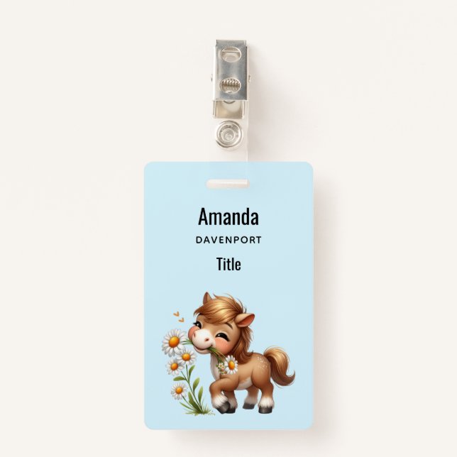 Cute Pony Eating Daisies Badge (Front with Clip)