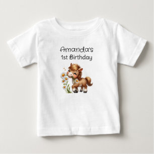 Cute Pony Eating Daisies Birthday Baby T-Shirt