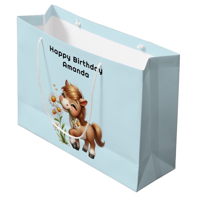 Cute Pony Eating Daisies Birthday Large Gift Bag (Front Angled)