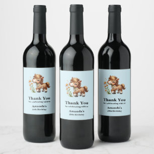 Cute Pony Eating Daisies Birthday Wine Label