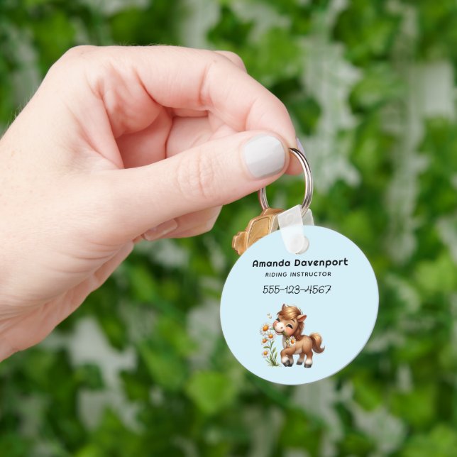 Cute Pony Eating Daisies Business Keychain (Hand)