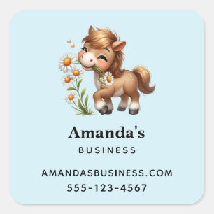 Cute Pony Eating Daisies Business Square Sticker