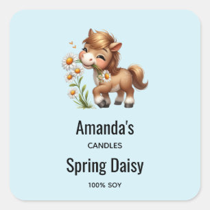 Cute Pony Eating Daisies Candle Business Square Sticker