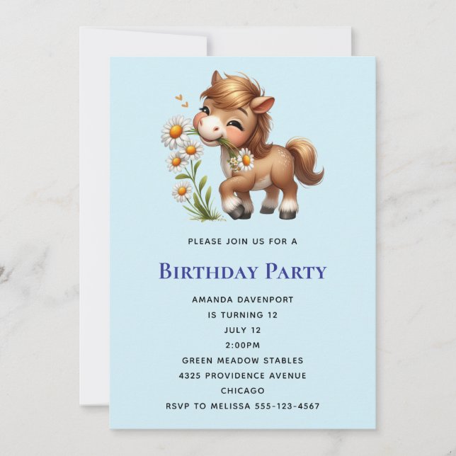 Cute Pony Eating Daisies Horseback Riding Birthday Invitation (Front)