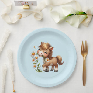 Cute Pony Eating Daisies Paper Plate