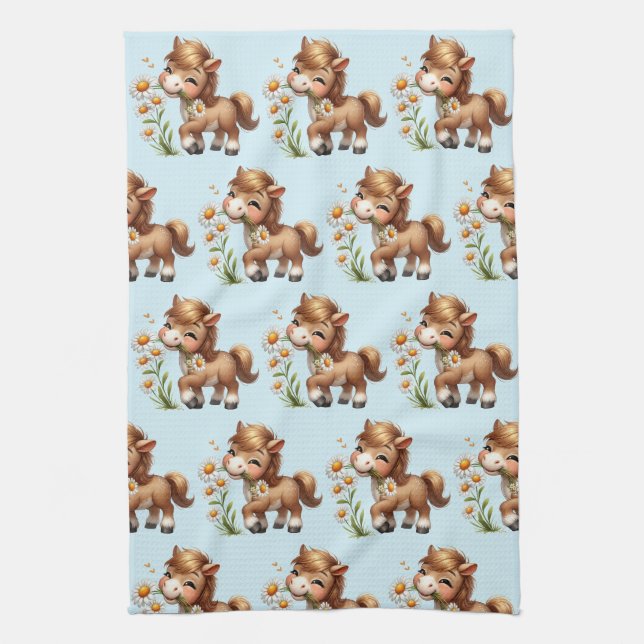 Cute Pony Eating Daisies Pattern Kitchen Towel (Vertical)