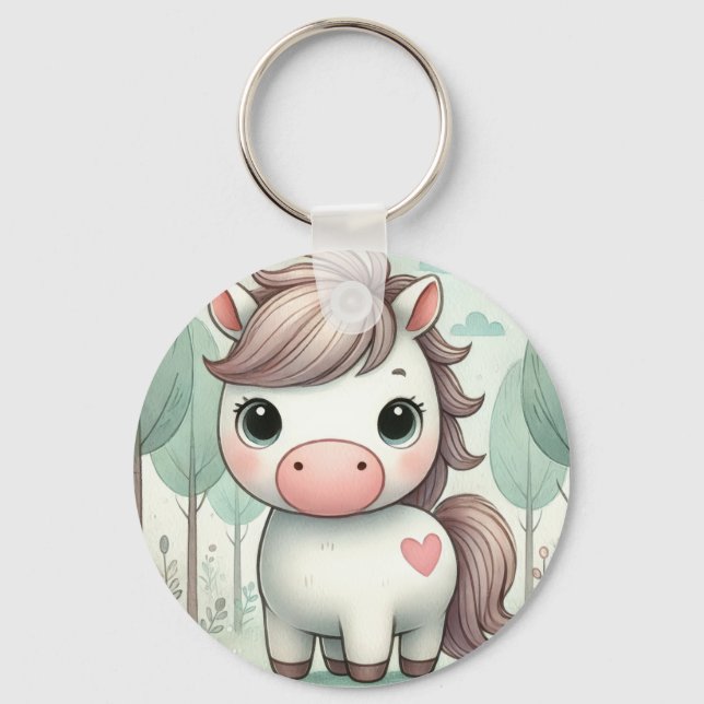 Cute Pony in a Whimsical Forest Keychain (Front)