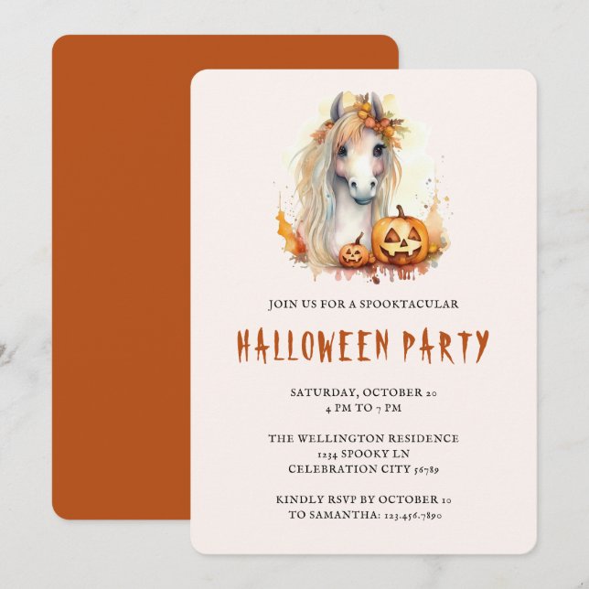 Cute Pony Orange Pumpkin Family Halloween Party Invitation (Front/Back)