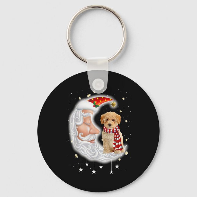 Cute Poochon With Santa Hat Christmas Dog Lover Keychain (Front)