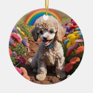 Cute Poodle Colourful flower and rainbow Ceramic Ornament