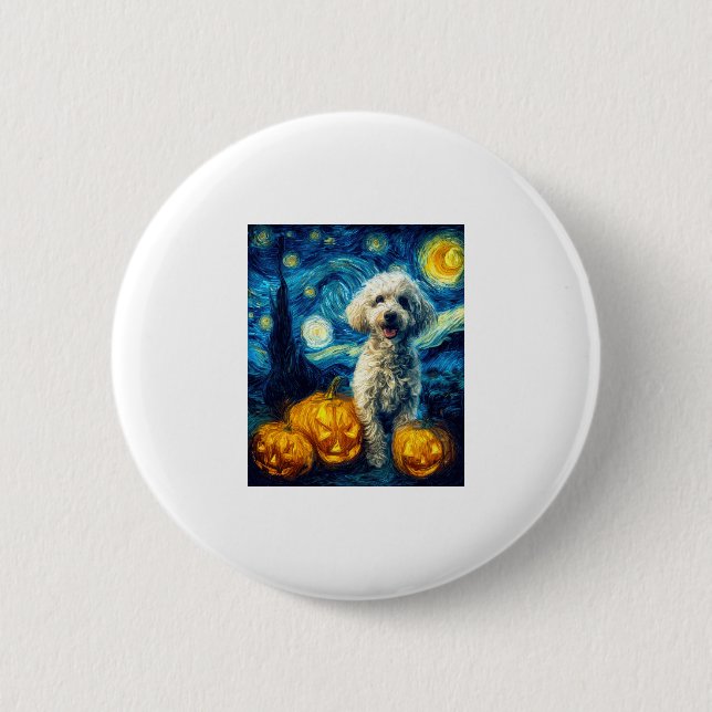 Cute Poodle Dog Halloween Jack O Lantern Pumpkin F 2 Inch Round Button (Front)