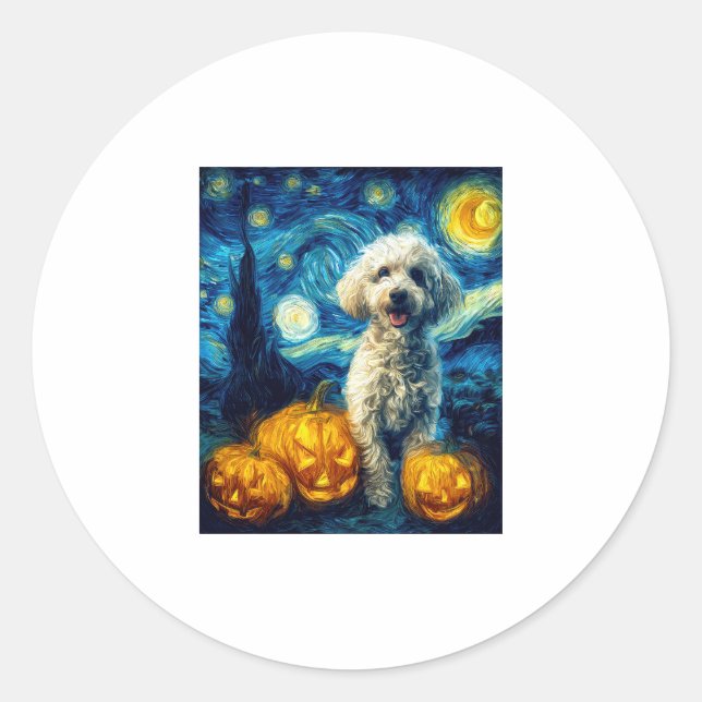 Cute Poodle Dog Halloween Jack O Lantern Pumpkin F Classic Round Sticker (Front)